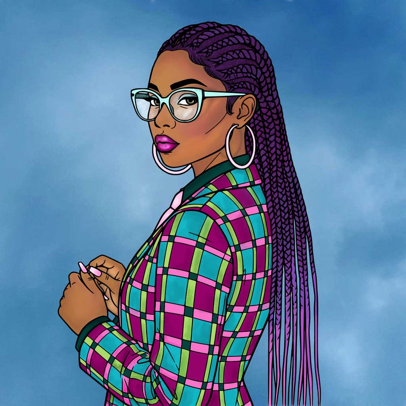 african american woman with an interesting pattern of cornrows with long braids. it's a close-up of her with no background. she is wearing a funky plaid suit with a tie and large hoop earrings, and large stylish glasses. she has really long square nails.