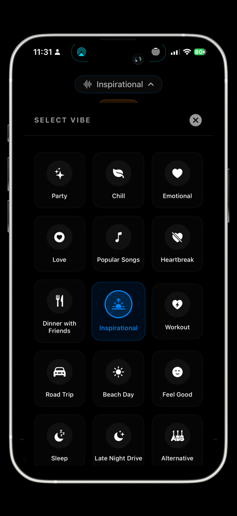 DJ – ChatGPT Music Curator - Interface of the DJ ChatGPT Music Curator app showing a grid of mood based music tiles like Chill, Workout, and Inspirational.