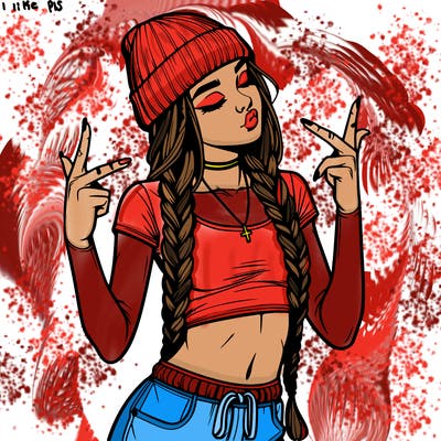 realistic teenage girl with braids and a beanie and crop top doing 🫶🏼