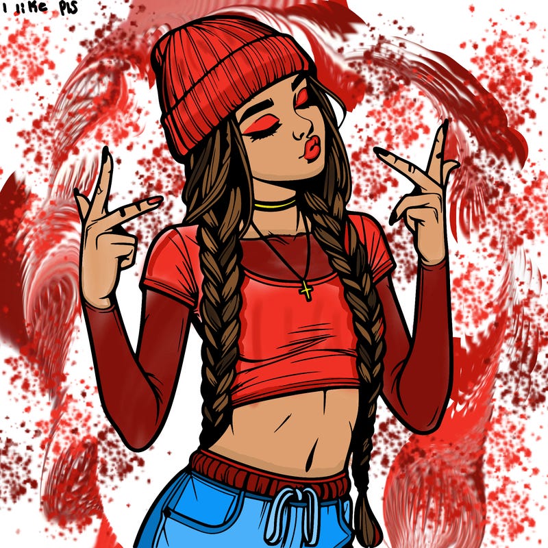 realistic teenage girl with braids and a beanie and crop top doing 🫶🏼