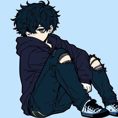a male hoddie ripped jeans messy hair anime