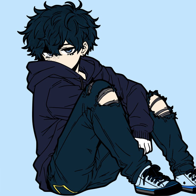 a male hoddie ripped jeans messy hair anime