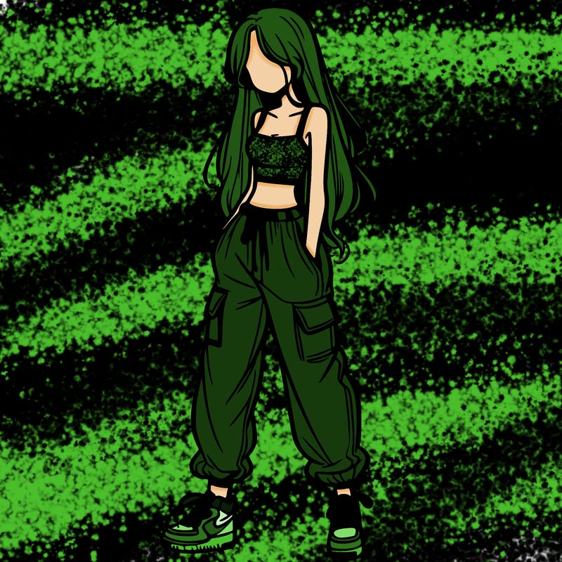 girl in baggy pants crop top and long hair