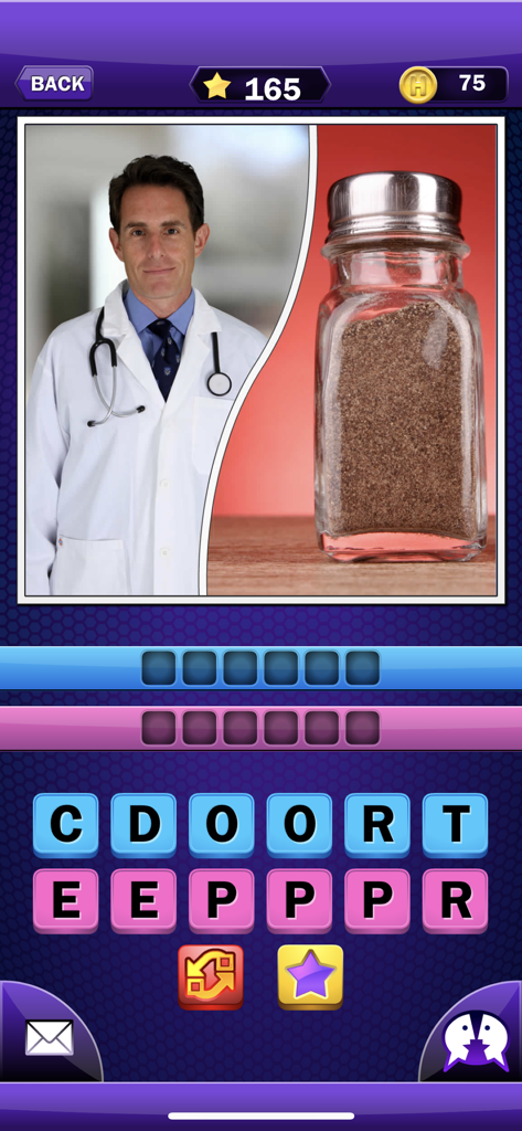 Just 2 Words - A visual word puzzle from the Just 2 Words app featuring a side-by-side image of a doctor and a pepper shaker with letter tiles below.