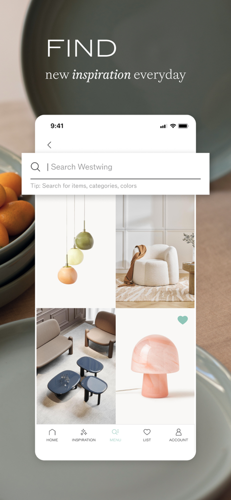 Westwing: Live Beautiful - Interfaz de la aplicación móvil de Westwing que muestra una barra de búsqueda y una cuadrícula curada de muebles modernos e inspiración de diseño de interiores.