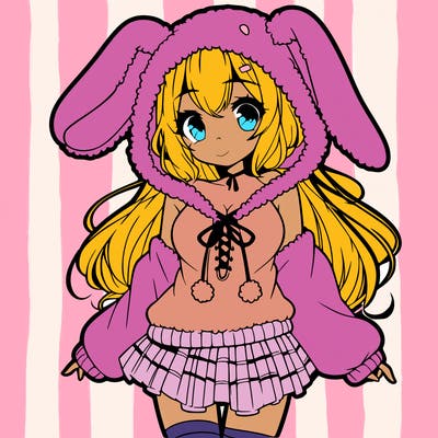 pretty anime girl wearing a fluffy hoodie with bunny ears on the hood and a skirt