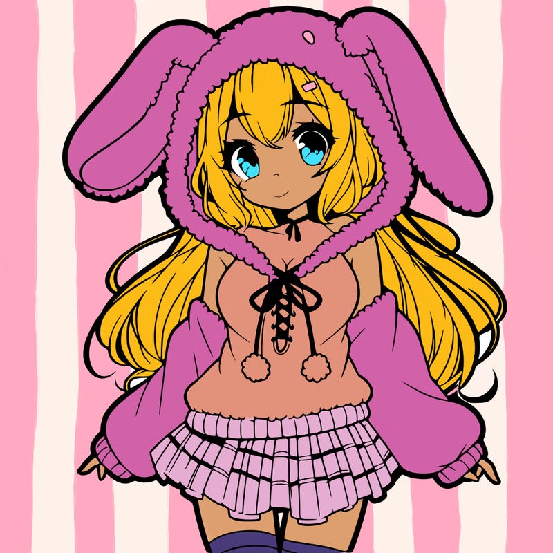 pretty anime girl wearing a fluffy hoodie with bunny ears on the hood and a skirt