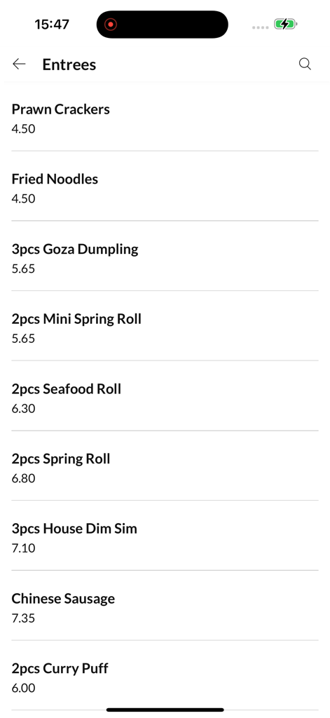 Entrees menu list showing appetizers and prices in the Wan Loy Chinese Restaurant mobile app