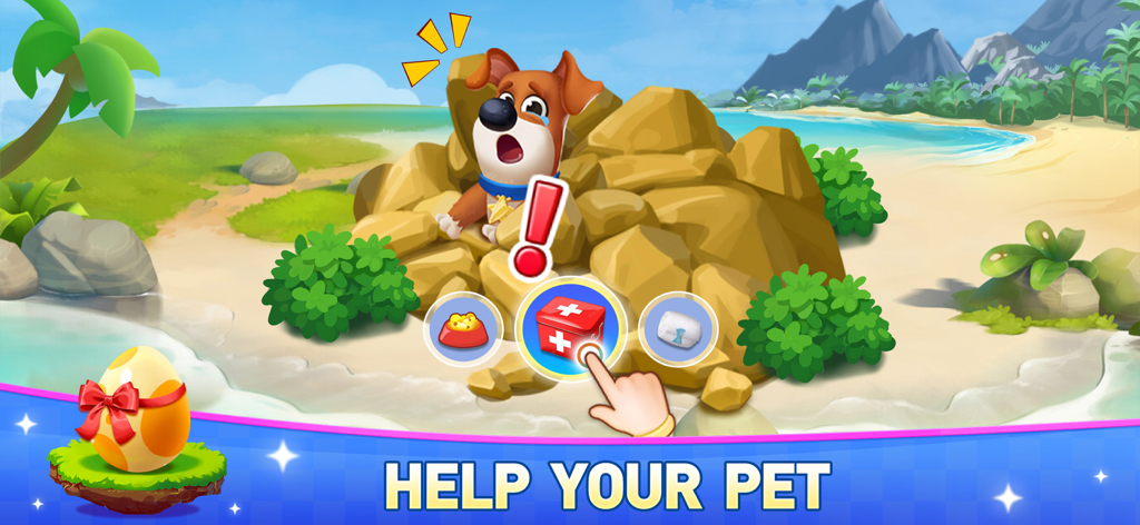 Bingo Vacation - Bingo Games - Help your pet rescue feature in Bingo Vacation showing a dog on a tropical island with first aid and food icons.