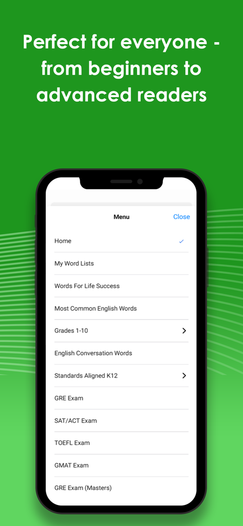 Spreeder - Speed Reading - Spreeder app menu displaying various word lists for exam preparation and general reading skills