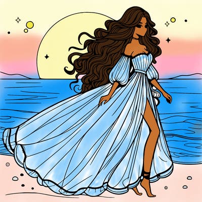 beautiful woman with a vaporous long dress walking on the beach at the noon, detailed art