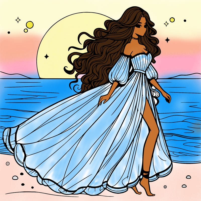 beautiful woman with a vaporous long dress walking on the beach at the noon, detailed art