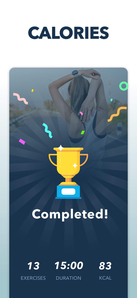 총 운동, 시간, 소모 칼로리를 보여주는 스트레칭 앱 운동 완료 화면