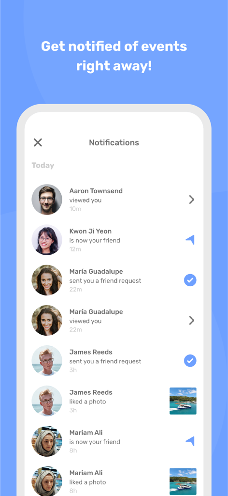 Central de notificações do aplicativo Sappa exibindo interações sociais recentes como pedidos de amizade e visualizações de perfil