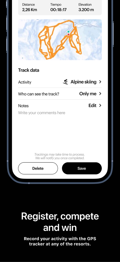 거리 및 고도와 함께 알파인 스키 GPS 추적 통계를 보여주는 Grandvalira Resorts 앱의 스크린샷