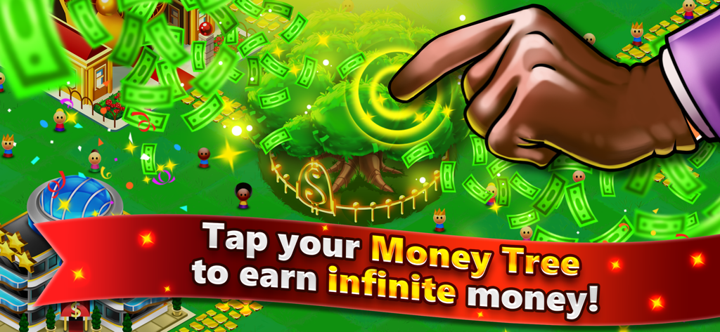 Uma grande árvore verde com notas de dinheiro crescendo nela sendo tocada por uma mão em Money Tree City
