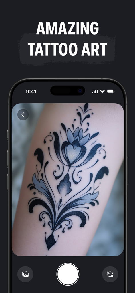 InkGen: Tattoo AI Design Maker - Ein Blumen-Tattoo-Design, das mit der InkGen-KI-App auf dem Arm einer Person vorab angezeigt wird.