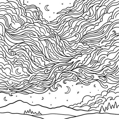 Immerse yourself in the celestial wonder of noctilucent clouds with this beautifully detailed adult coloring page. Its intricate swirling patterns offer a captivating artistic escape and a relaxing creative challenge.