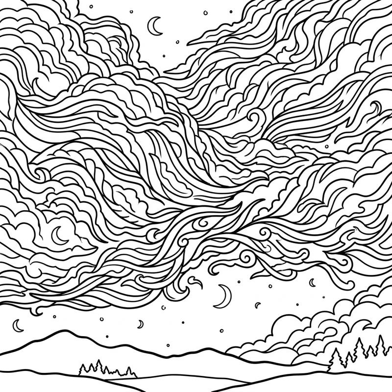 Immerse yourself in the celestial wonder of noctilucent clouds with this beautifully detailed adult coloring page. Its intricate swirling patterns offer a captivating artistic escape and a relaxing creative challenge.