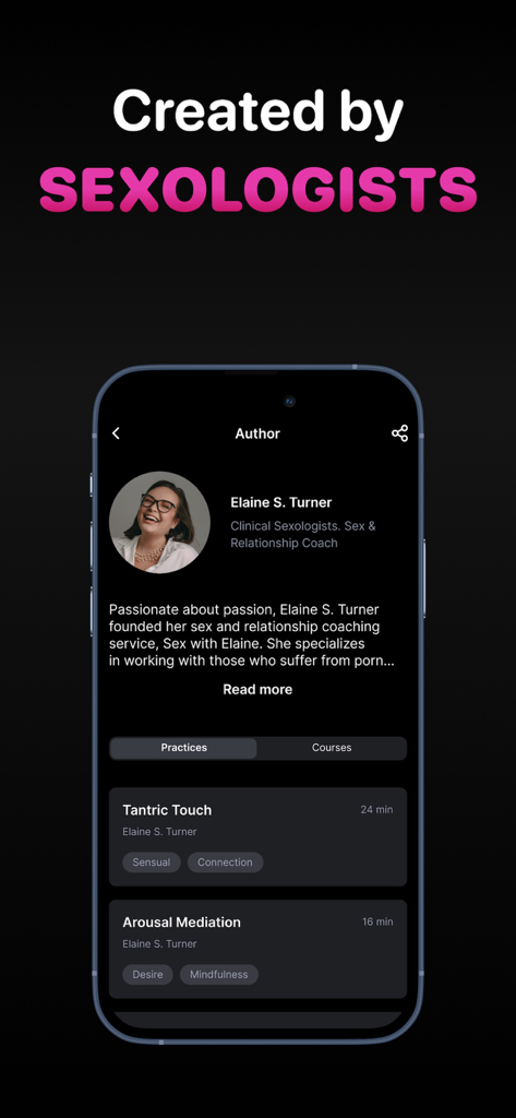 Ferve: Couples & Relationship - A profile page of a clinical sexologist within the Ferve app showcasing expert led relationship practices