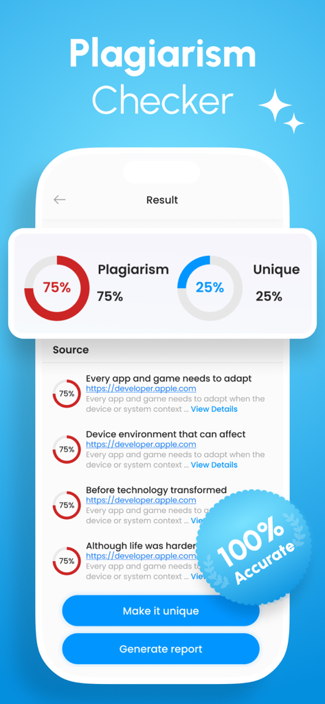 Plagiarism Checker & AI Detect - 盗作チェッカーアプリのインターフェース。盗作と独自性のパーセンテージを示す結果レポートを表示しています