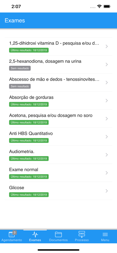 Interface of the MEUSOC app showing a list of occupational medical exams and their last result dates