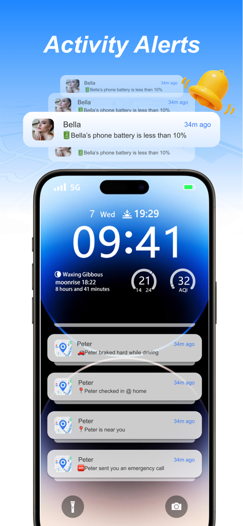 배터리 부족 및 위치 알림을 포함한 실시간 가족 안전 알림을 보여주는 iPhone 잠금 화면