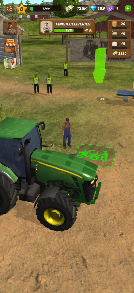 Tractor Delivery Farm - Tractor verde y granjero en una granja en el juego Tractor Delivery Farm