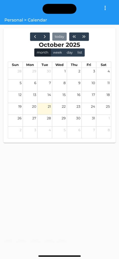 Monthly calendar interface for October 2025 within the Medblaze AMH app.