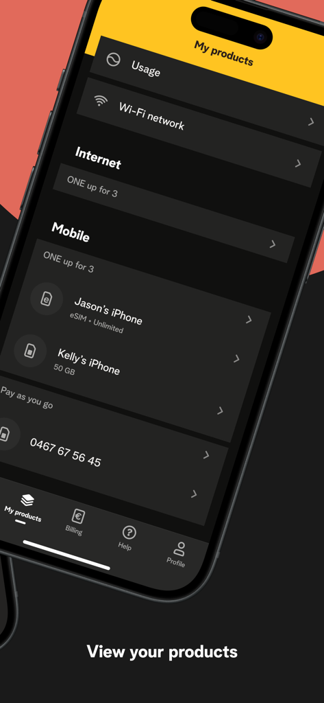 MyTelenet - A screenshot of the MyTelenet app showing the My Products section with internet and mobile plan details