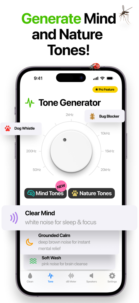 SpeakerTools: Sound Toolkit - Tone Generator interface in the SpeakerTools app showing mind and nature tones for wellness and utility