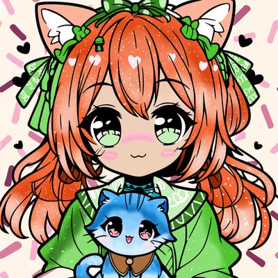 cute anime girl with small kitten