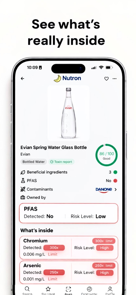 Nutron: Food Scanner - Nutron app interface showing a detailed health score and contaminant report for a bottle of water.