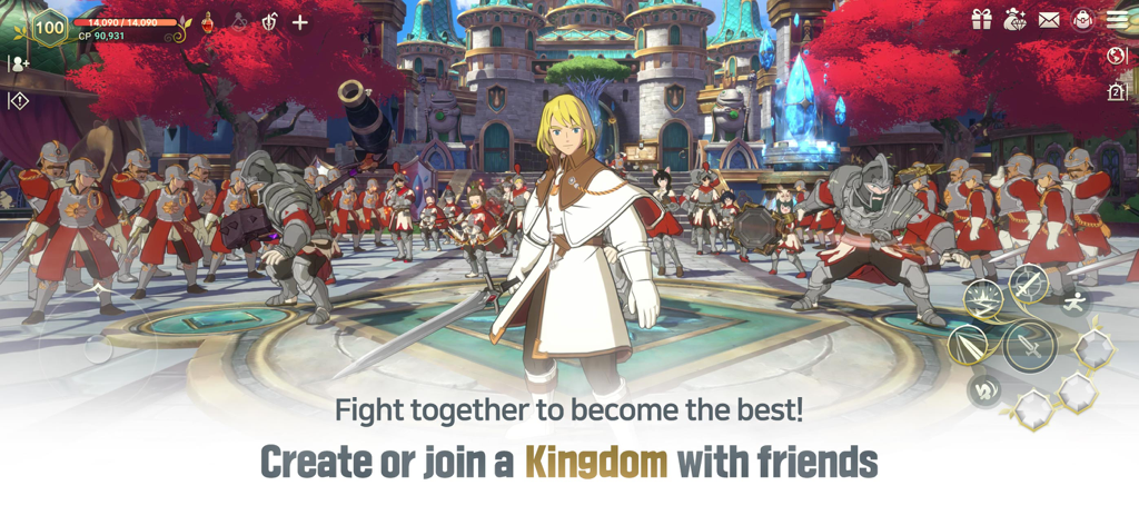 Un gruppo di personaggi in stile anime e soldati in piedi in una grande piazza cittadina che promuove la funzione sociale del Regno in Ni no Kuni Cross Worlds