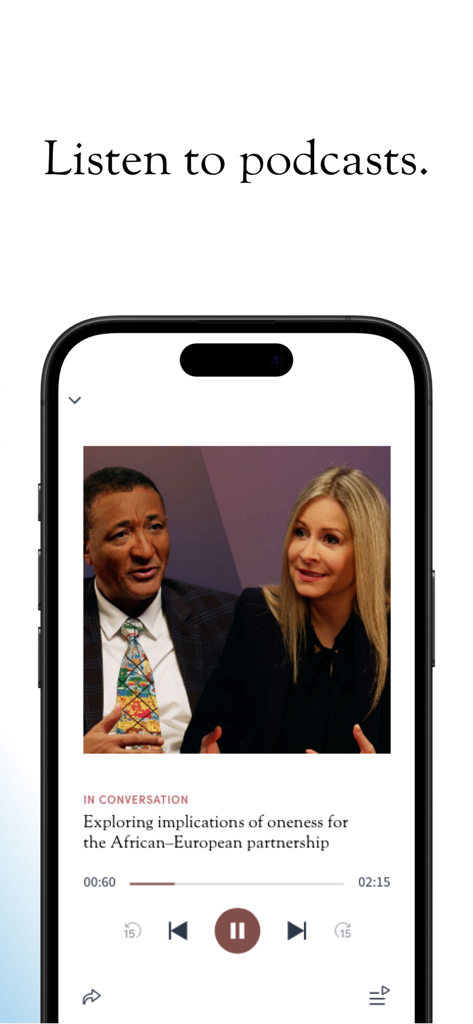 Affichage sur smartphone de l'application Bahai World News Service montrant l'écran du lecteur de podcast