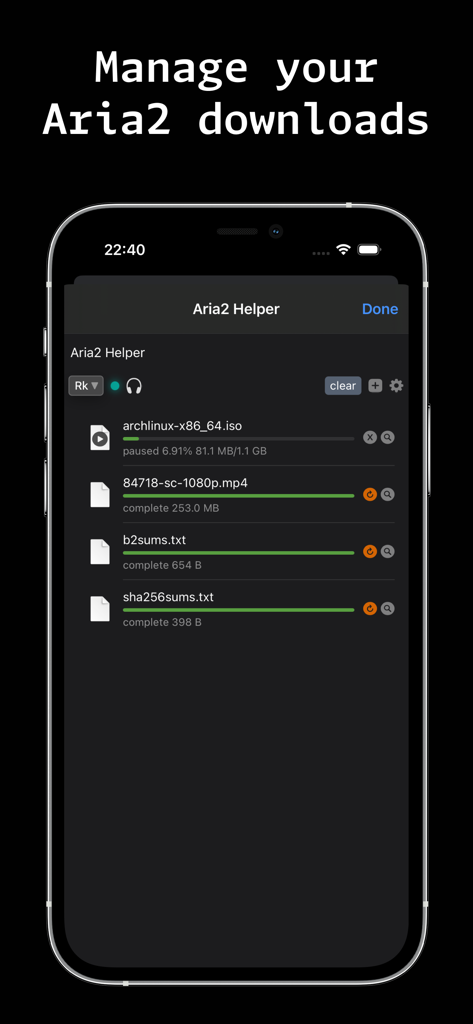 Aria2 Helper - Mobile interface of the Aria2 Helper app showing a list of active and completed file downloads with progress bars.