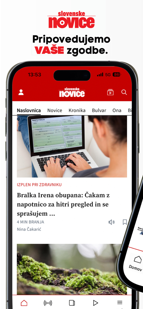 Slovenske novice - Schermata principale dell'app Slovenske novice con un articolo su un'esperienza sanitaria