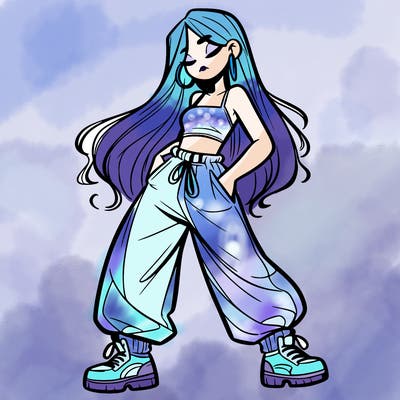 girl in baggy pants crop top and long hair