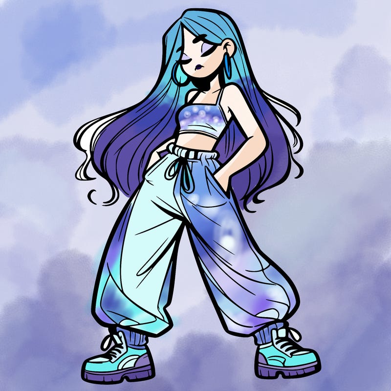 girl in baggy pants crop top and long hair