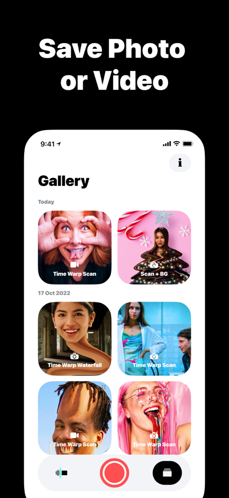 Time Warp Scan - Funny Face - Uma galeria de aplicativos móveis mostrando várias fotos e vídeos de rostos distorcidos criados com o efeito Time Warp Scan.