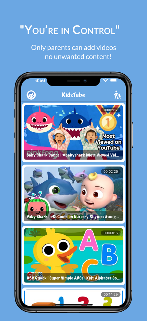 KidsTube - Safe Videos - iPhone screen displaying the KidsTube app interface with a curated list of safe children videos and parental control messaging