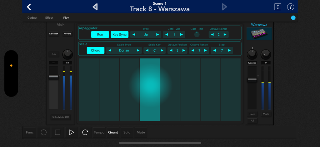 KORG Gadget 3 - Interfaccia della pagina Play di KORG Gadget 3 che mostra le impostazioni dell'arpeggiatore e della scala per il gadget Warszawa.