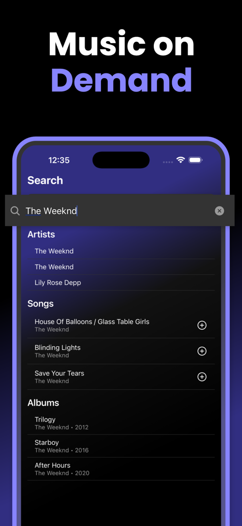MuseTube: Music Streaming - Pantalla de búsqueda de la aplicación MuseTube que muestra resultados de The Weeknd, incluidas canciones y álbumes