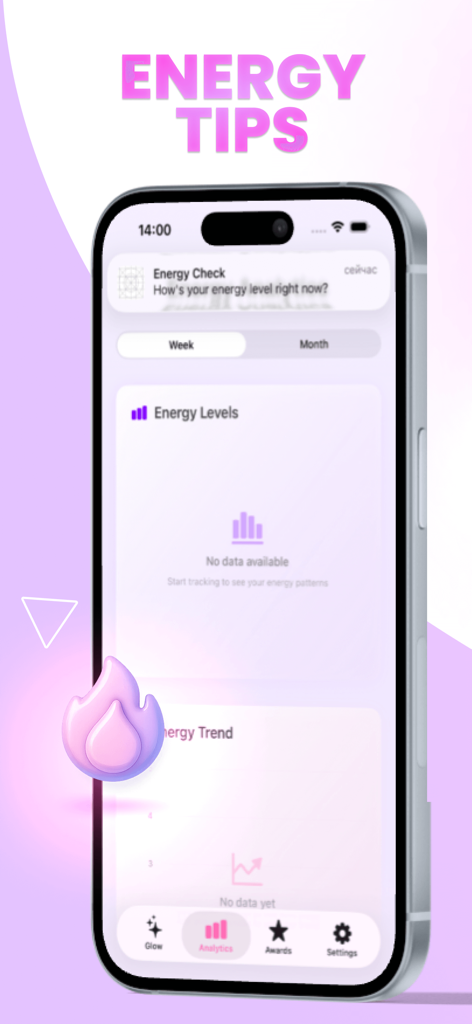 Panel de análisis de energía de la aplicación Tango Live mood up que muestra los niveles y tendencias de energía.