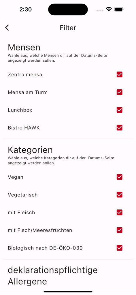 Mensa Speiseplan Göttingen - Filtereinstellungen für die Auswahl von Mensen und Essenskategorien in der Mensa Speiseplan Göttingen App