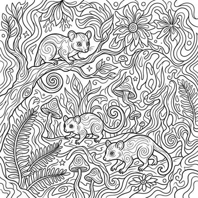 Explore a mesmerizing prehistoric world where early mammals thrive in a jungle bursting with psychedelic patterns. This intricate coloring page invites you to unleash your imagination with swirling designs and ancient creatures.