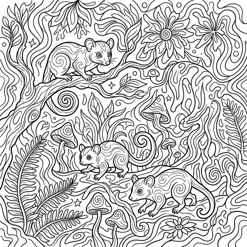 Explore a mesmerizing prehistoric world where early mammals thrive in a jungle bursting with psychedelic patterns. This intricate coloring page invites you to unleash your imagination with swirling designs and ancient creatures.