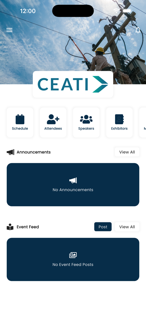 CEATI Conferences - Mobile app home screen for CEATI Conferences showing event navigation icons