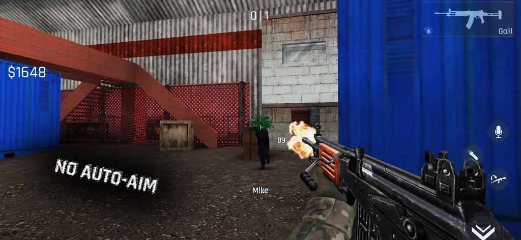 First person shooter gameplay in Kontra showing a player firing a weapon with no auto aim text displayed