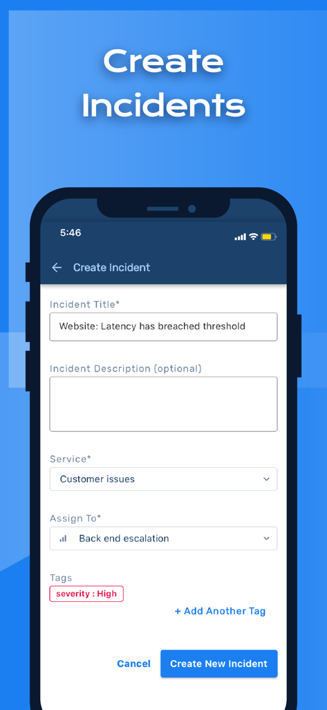 Squadcast mobile app interface for creating and assigning new technical incidents